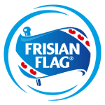 FRISIAN FLAG logo with a blue background featuring a stylized flag design with red hearts representing the Friesland Flag brand associated with dairy products and quality assurance